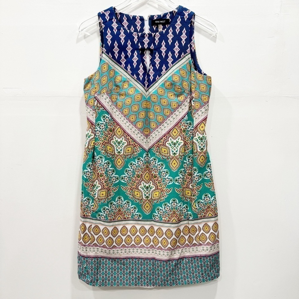 Nine West Sleeveless Printed Shift Dress Size 4 Keyhole Front Cotton